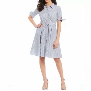 CALVIN KLEIN Blue & White Striped Seersucker Button Down Dress Waist Tie | 12